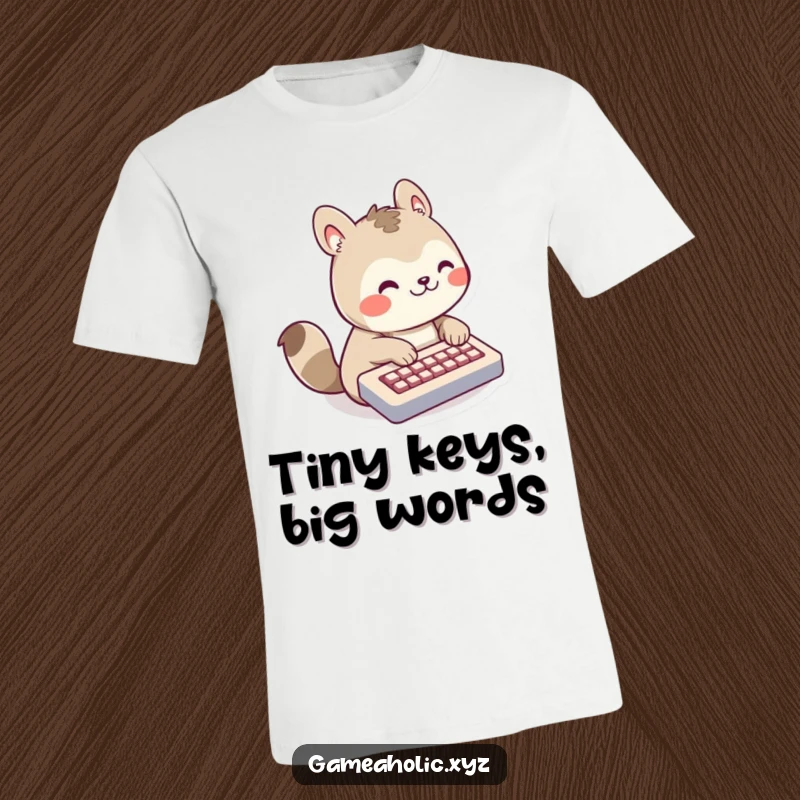 Funny T-Shirt of a happy animal character with a wide grin, rapidly tapping on a small keyboard, symbolizing online work.