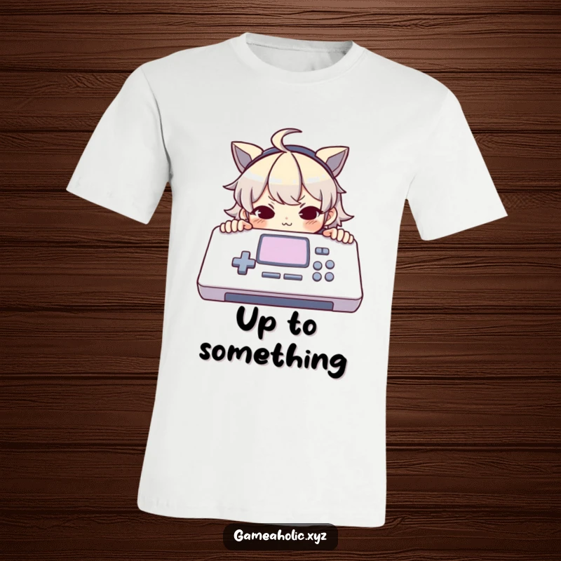 Funny t-shirt depicting a character peeking over a large console with a mischievous smirk, embodying a sly and cunning gamer.