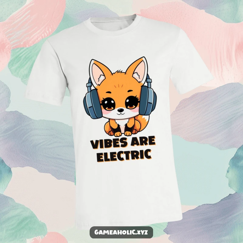 Cute kawaii fox wearing large headphones, eyes shining with excitement, printed on a t-shirt, promoting music joy.