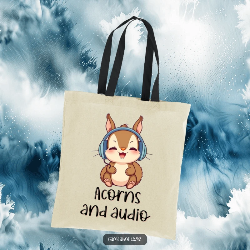 Funny Tote Bag with a delighted squirrel wearing headphones, engrossed in a screen, perfect for tech lovers.