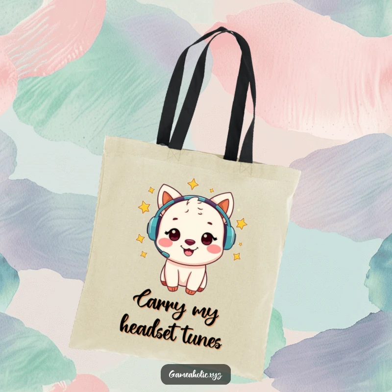 Funny tote bag featuring a cheerful animal character with a gaming headset surrounded by swirling, colorful stars.