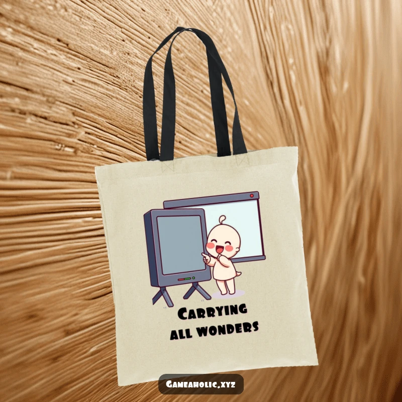 Funny Tote Bag with a character blushing and pointing at a large screen, ideal for carrying items related to entertainment.