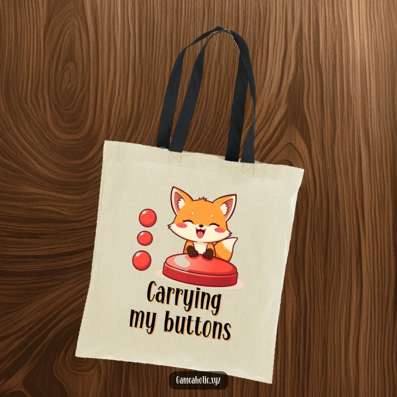 Funny fox tote bag depicting a giggling fox pressing a large red button, symbolizing impulsive fun and carrying humorous essentials.