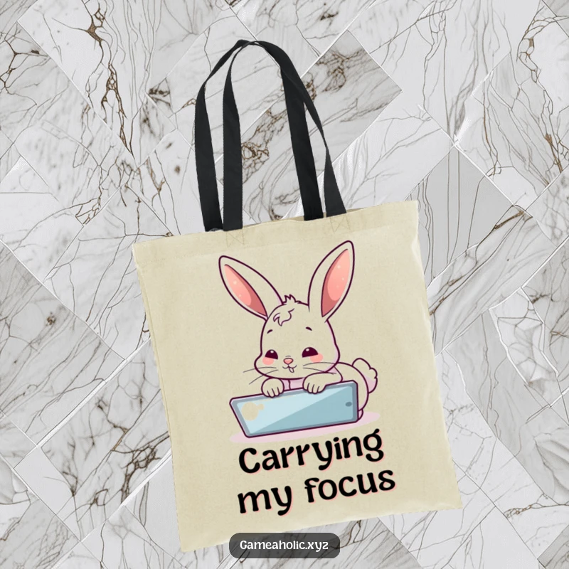 Funny tote bag with a bubbly bunny intensely focused on a digital screen, great for carrying essentials in style. A useful funny gift.