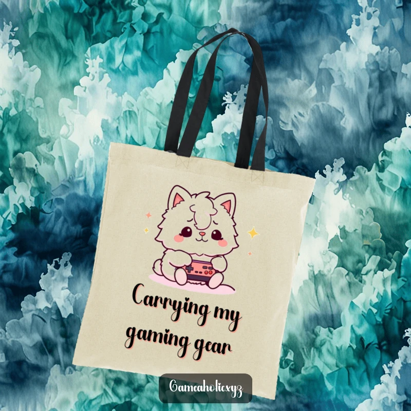 Funny gamer cat tote bag depicting a fluffy animal character intently playing a video game, showcasing gamer lifestyle and humor.