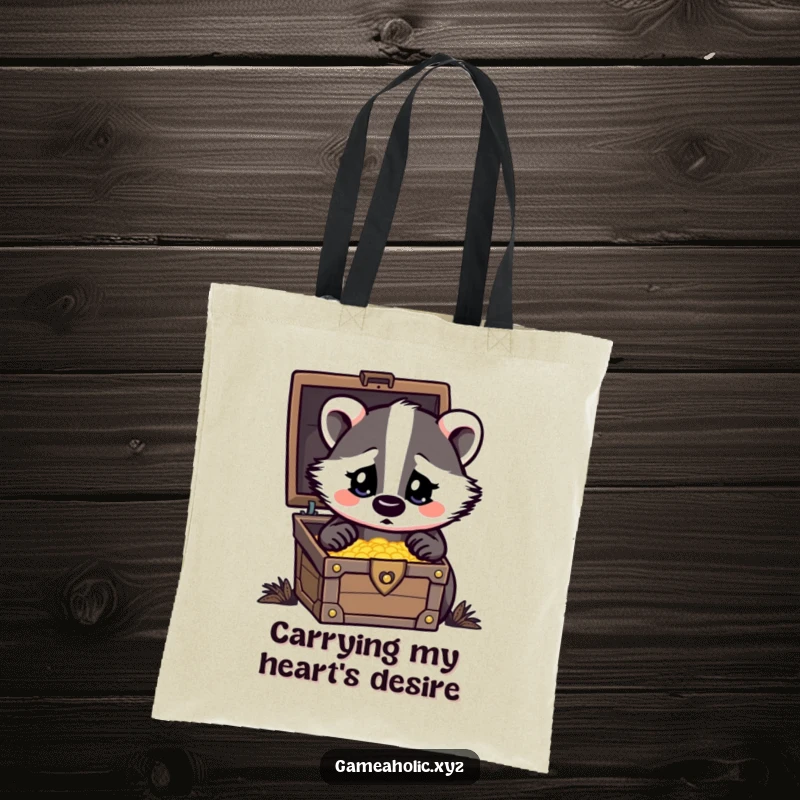 Funny Tote Bag featuring a badger with heart eyes gazing at a treasure chest, perfect for carrying essentials.