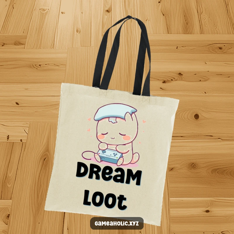 Funny tote bag with a sleepy creature having a pillow for a head, playing a game, symbolizing the ultimate gamer comfort.