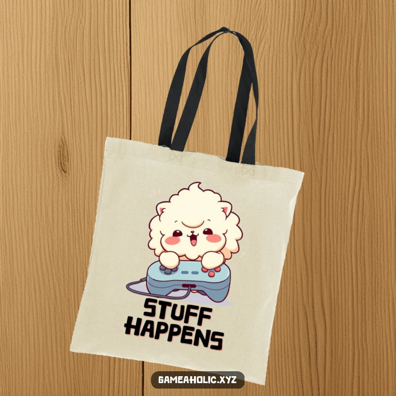 Funny Tote Bag: Fluffy character with immense enthusiasm, mashing buttons on a game controller, a gamer's companion.