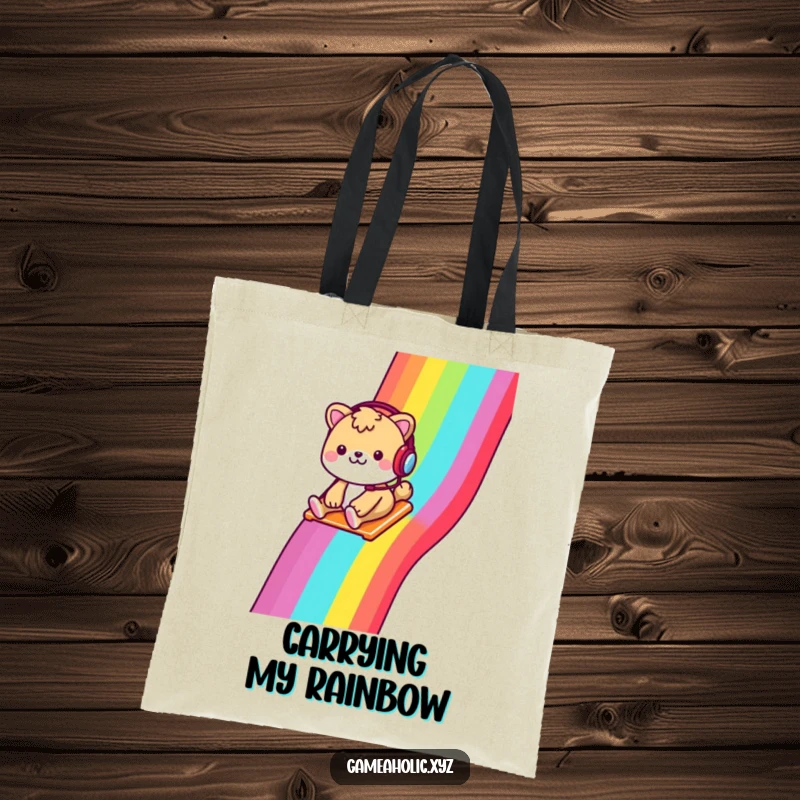 Funny tote bag with a cheerful animal, wearing a headset, sliding down a rainbow pixelated slide, perfect for totes.