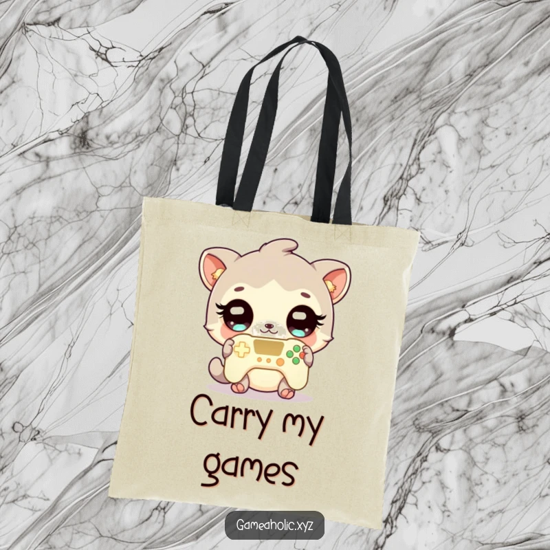 Funny gamer animal tote bag with a cute character, sparkling eyes, and a glowing game controller, perfect for carrying gaming accessories.