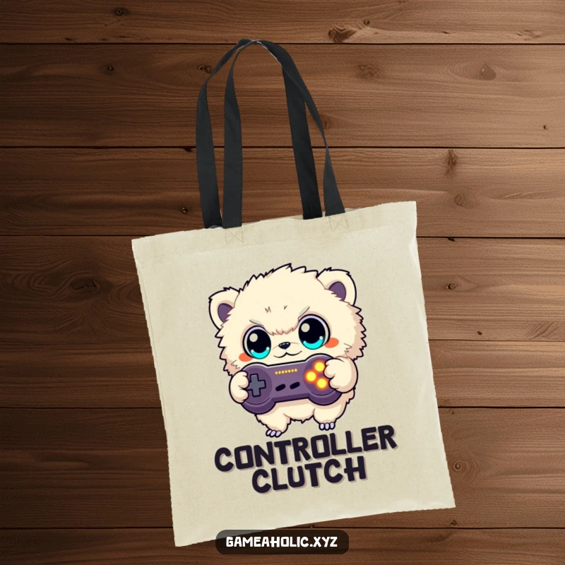 Funny tote bag with a fuzzy creature focused on button mashing a glowing game controller, perfect for carrying gaming gear.