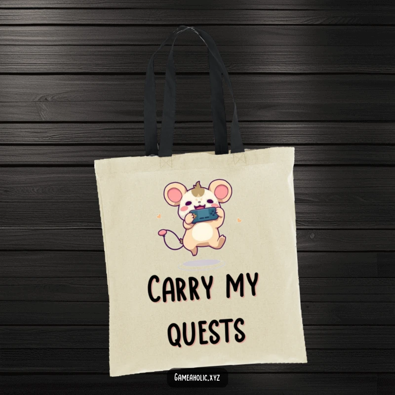 Funny tote bag with a cute creature, round ears, leaping joyfully with a game controller, perfect for gamers.