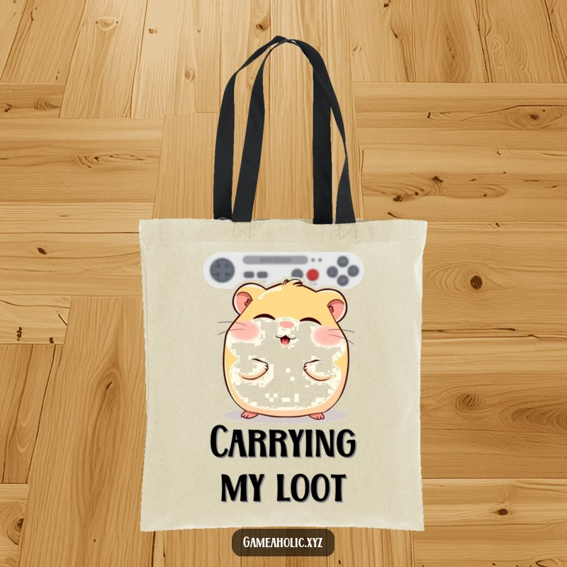 Funny round hamster with rosy cheeks, eyes closed in gaming bliss, printed on a tote bag, ideal for cozy gamers.