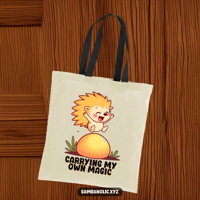Funny Tote Bag featuring a hedgehog joyfully leaping over a glowing mushroom, perfect for carrying daily items.