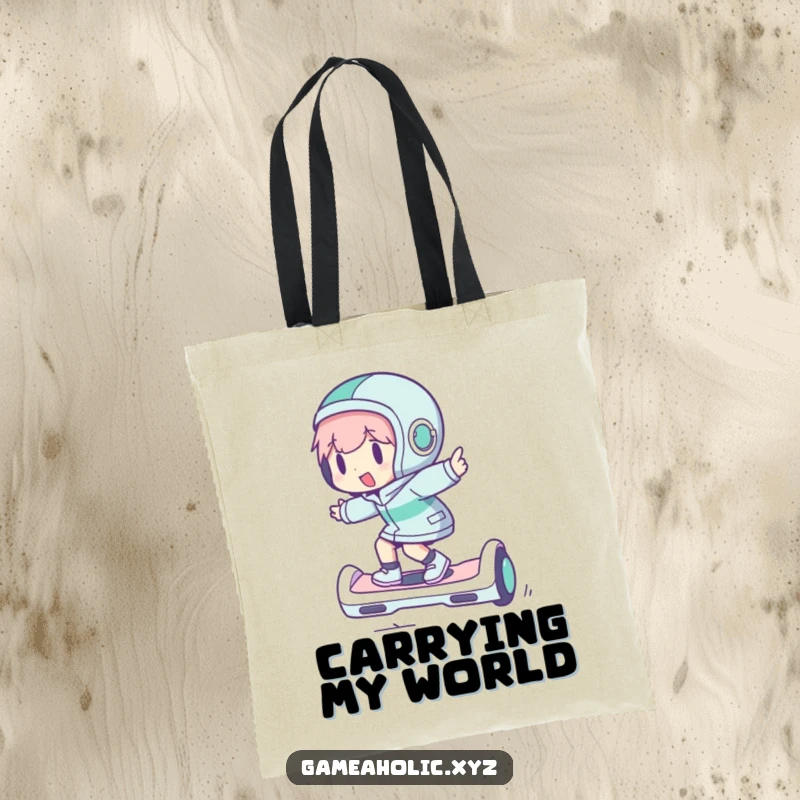 Funny tote bag featuring a character enjoying a ride on a hoverboard, ideal for carrying essentials with a fun vibe.