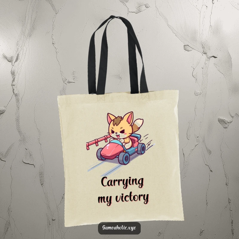 Funny determined animal character racing a tiny vehicle on a pixelated track, a retro and practical tote bag.