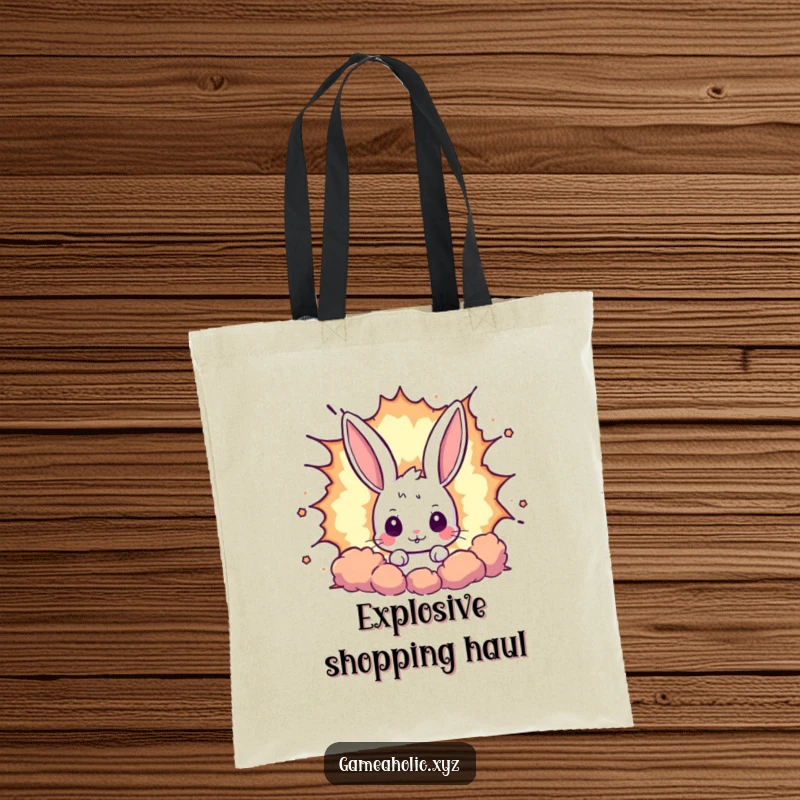 Funny rabbit tote bag featuring a curious bunny peeking from behind a huge pixelated explosion, celebrating retro gaming and pop culture.
