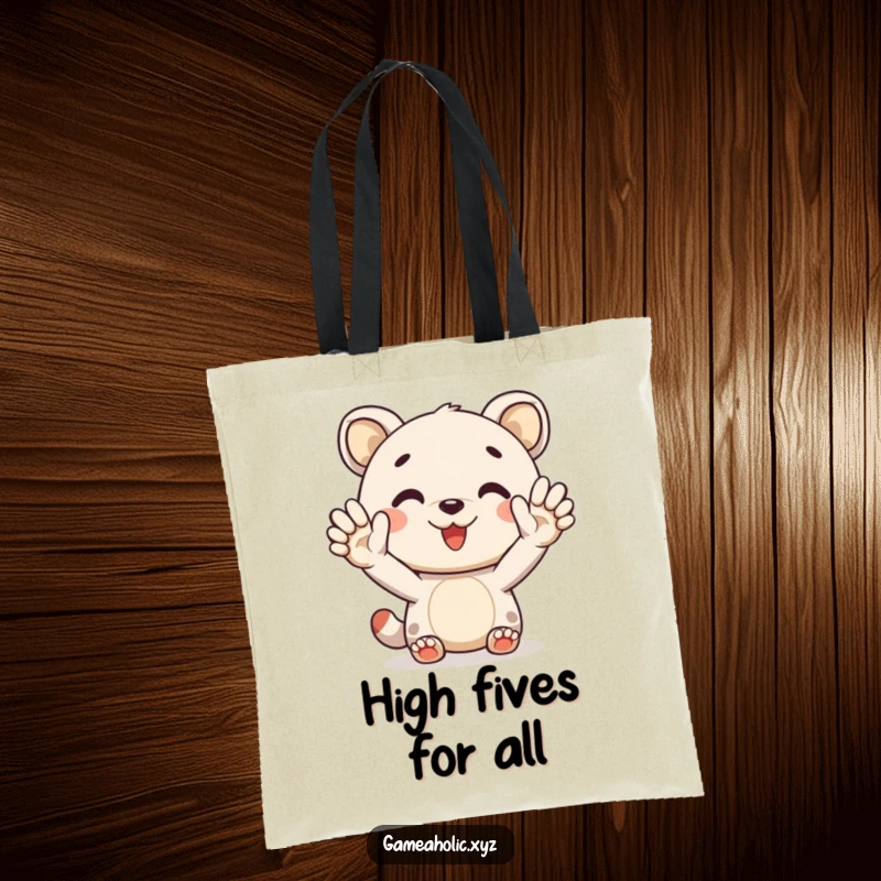 Funny tote bag with a cheerful animal character offering a virtual high-five, a practical and humorous accessory.
