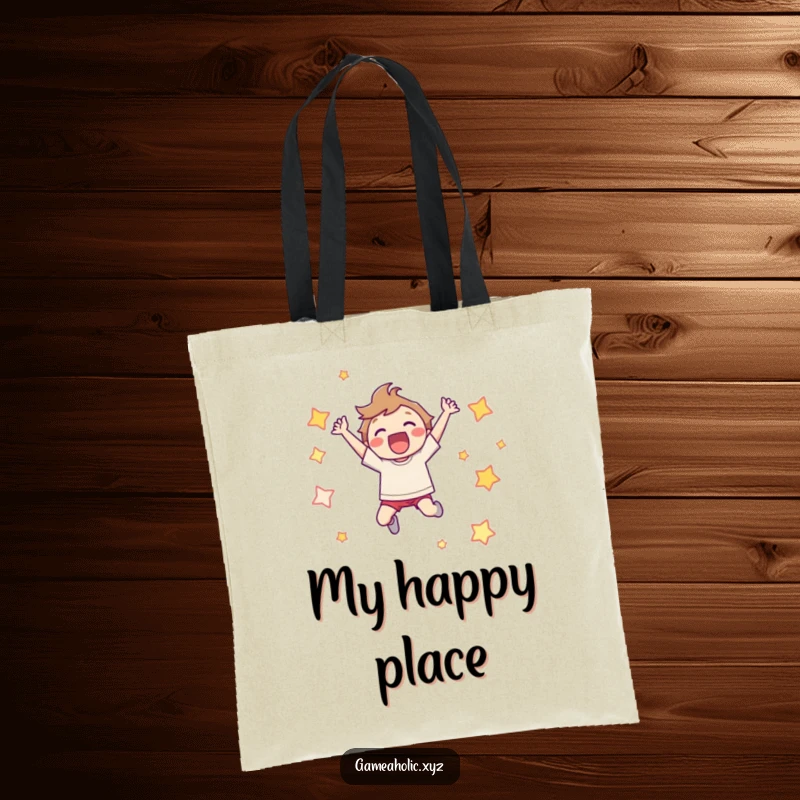 Funny Tote Bag: Character leaping joyfully, surrounded by pixelated stars, a vibrant gamer accessory.