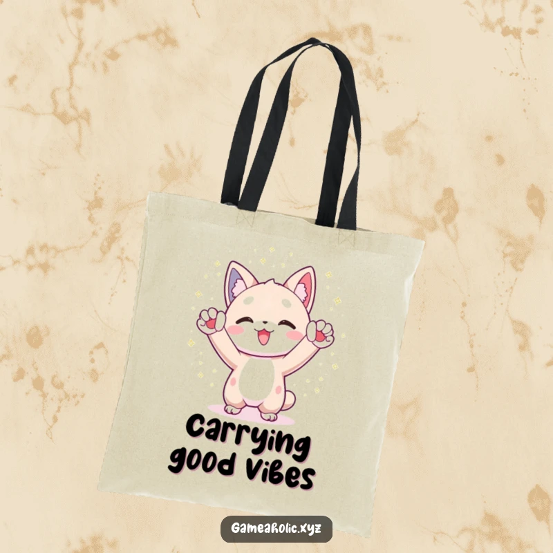 Funny Tote Bag: Character cheers with paws raised amidst shimmering digital particles, celebrating success.