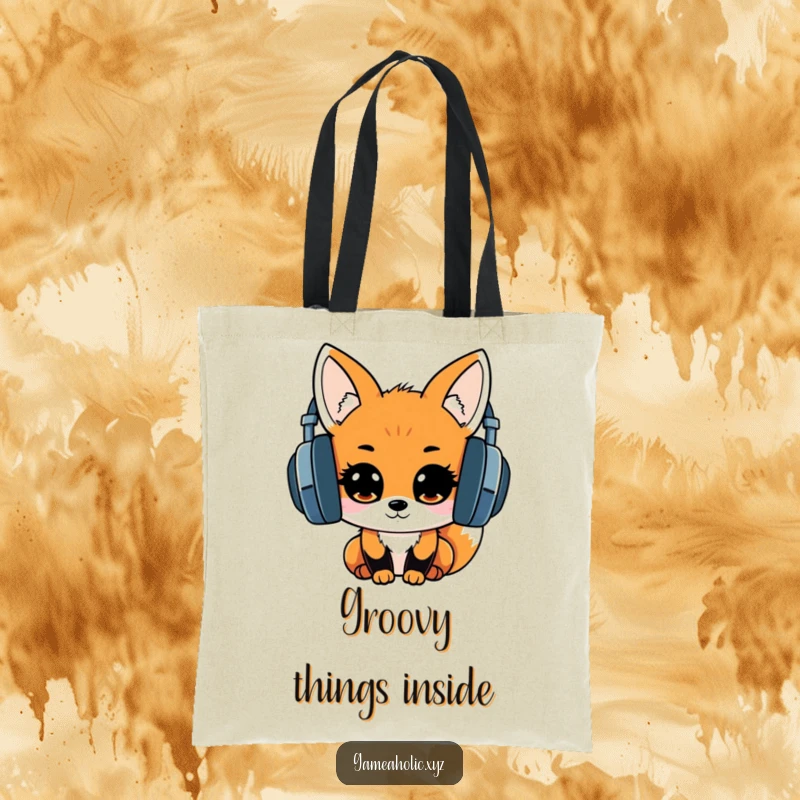 Adorable kawaii fox with oversized headphones, sparkling eyes, printed on a tote bag, ideal for music enthusiasts.