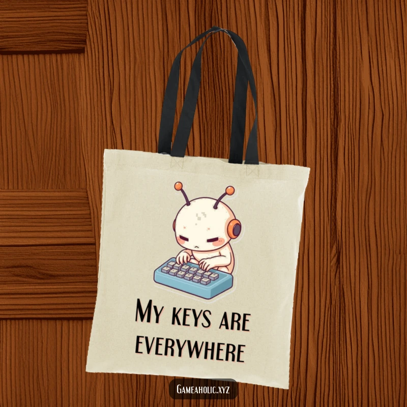 Funny alien typist tote bag with a small creature with antennae furiously tapping on a tiny keyboard, showcasing tech obsession and humor.