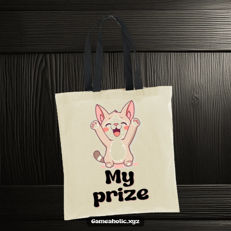 Funny Tote Bag: A character humorously celebrating a win with paws in the air, perfect for carrying your winning attitude.